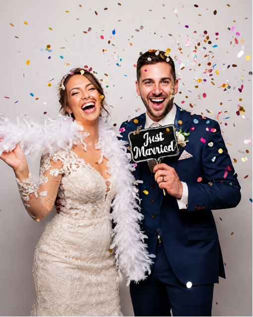 Lachend bruidspaar met "Just Married"-bordje tussen de confetti