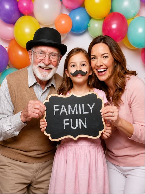 Opa, kleindochter en moeder met een "Family Fun"-bordje voor ballonnen